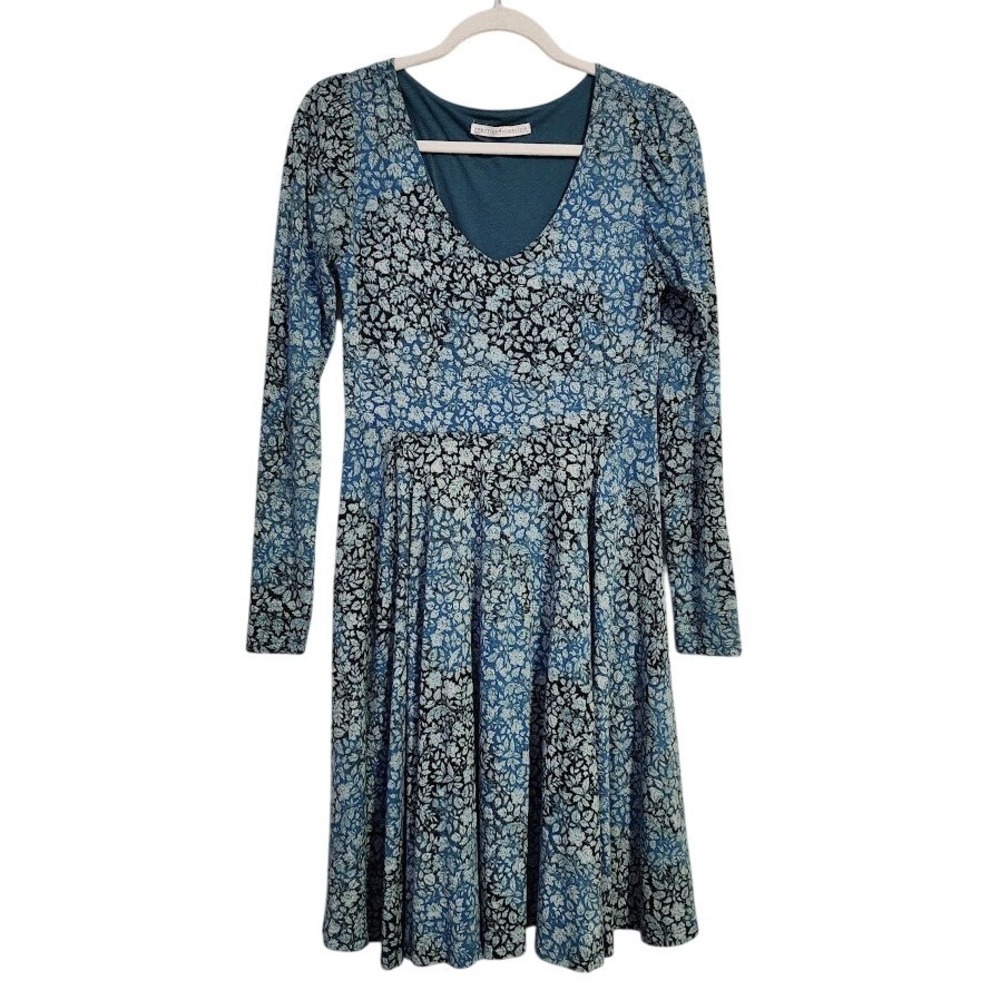 PERUVIAN CONNECTION long sleeve micro floral dress pima cotton in blue size S